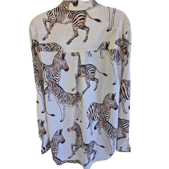 Jane + Delancy Zebra Animal Print Linen Blend Blouse M Long Sleeve or Roll Tab - Picture 14 of 16